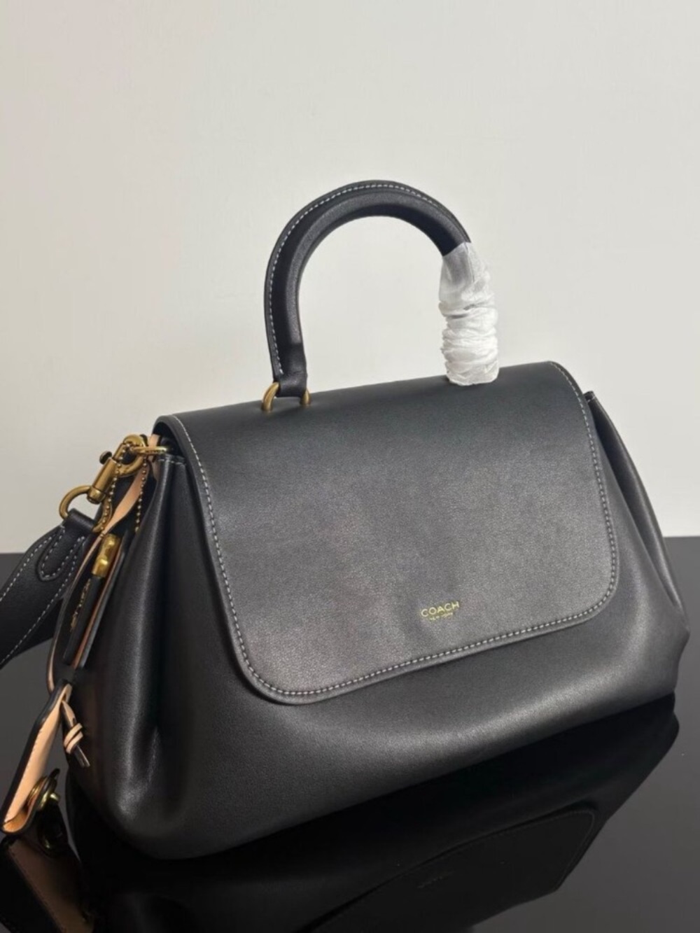 Coach Black Leather Structured Top-Handle Shoulder Bag with Gold Hardware